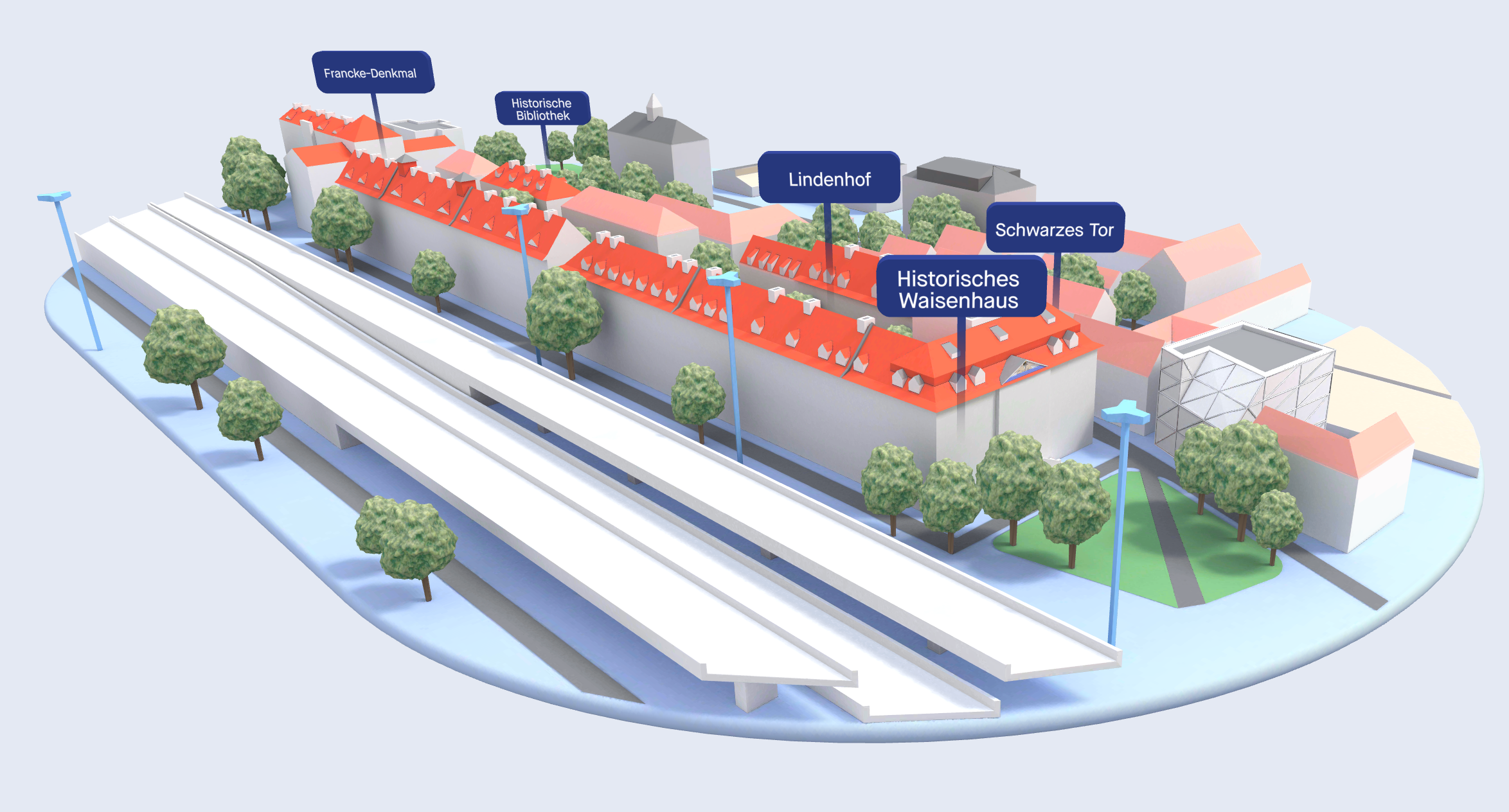 3D historical district map with animated camera transitions and clickable cultural heritage hotspots